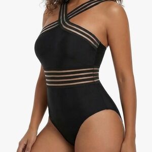 NWT Hilor Strappy Mesh Halter Cross Back One Piece Swimsuit L Black Sexy Minimal